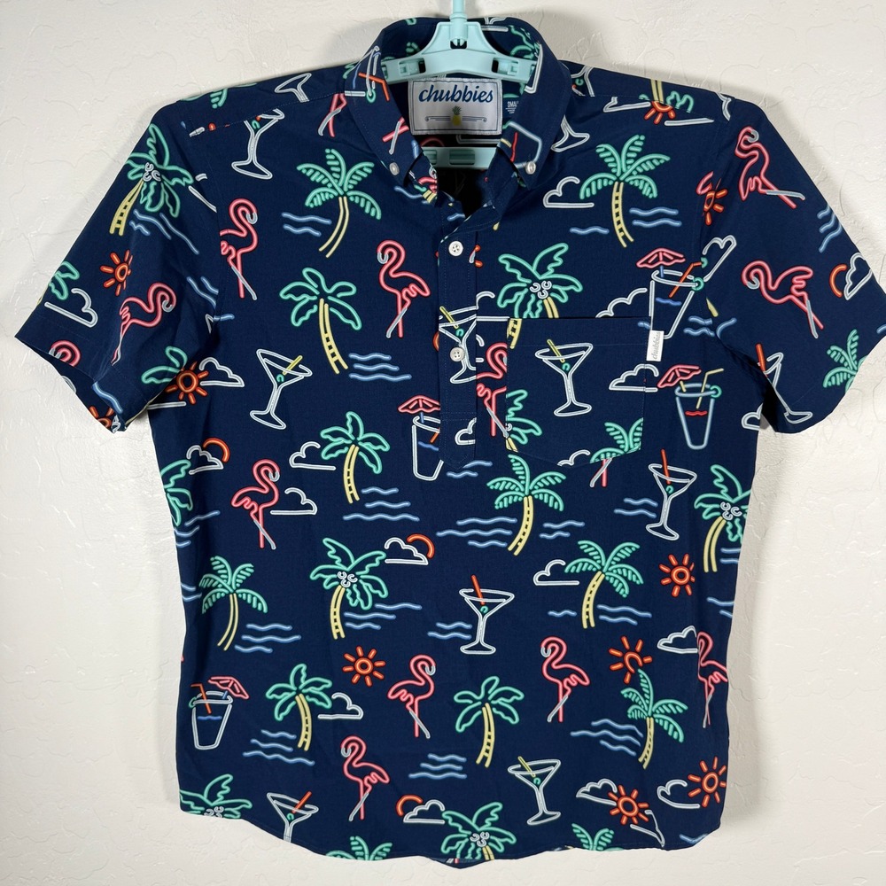 Chubbies Shirt Mens Small Blue Neon Palm Tree Flamingo Preppy Golf Performance